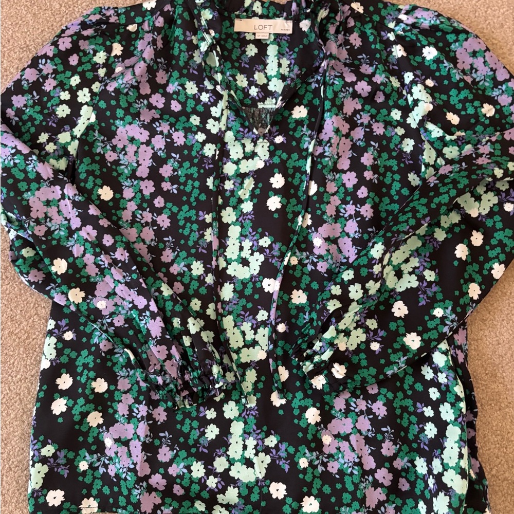 LOFT Black Long-Sleeve Floral Split-Neck Blouse with Purple & Green Flowers